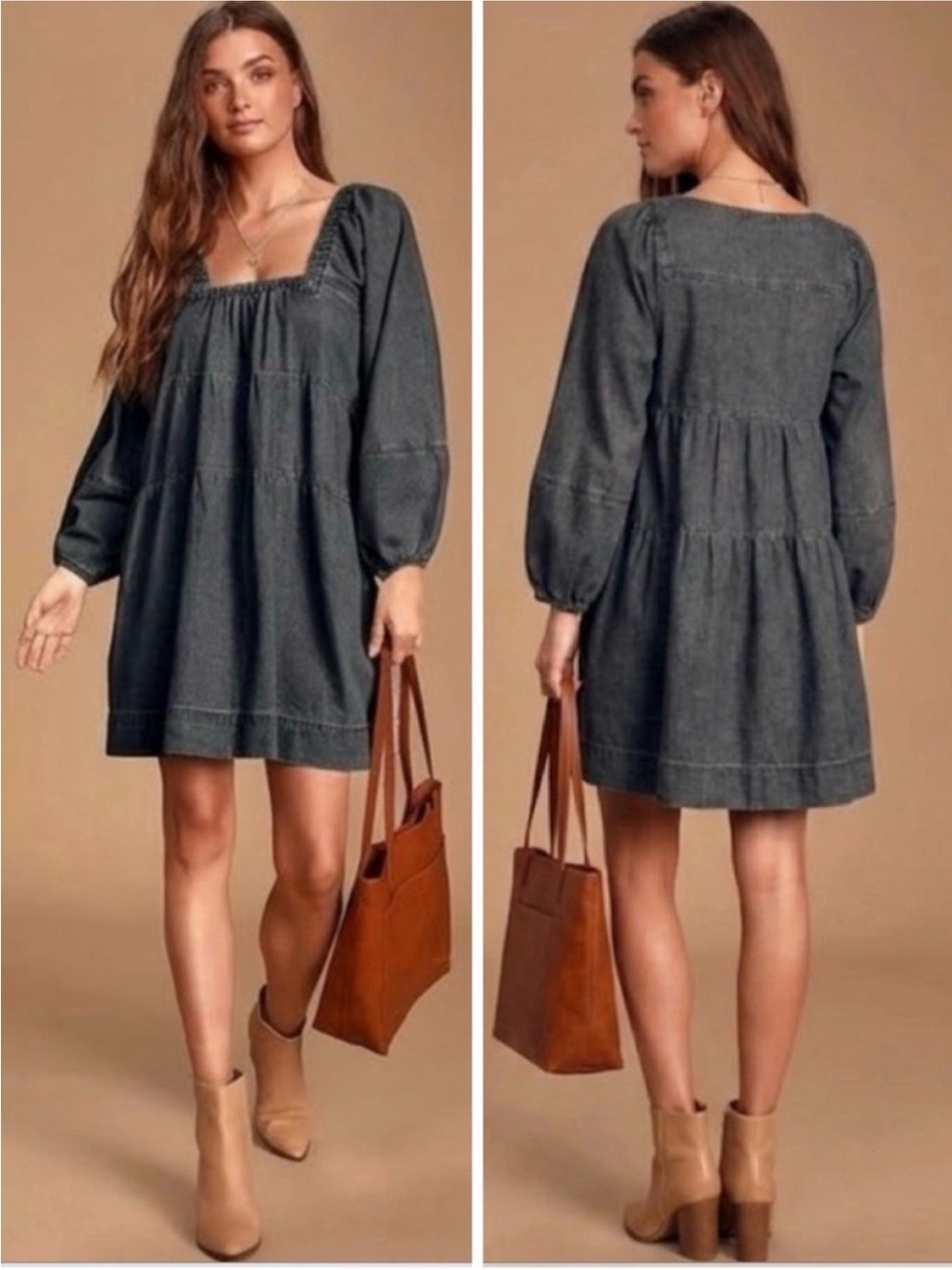 Free People Lou Jean Babydoll Square-Neck Tiered Mini Dress in Charcoal Gray
